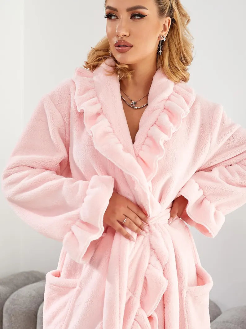 Women's Elegant Ruffle Wrap Bathrobe – Soft Velsoft Long Plush Lounge Robe with Belt