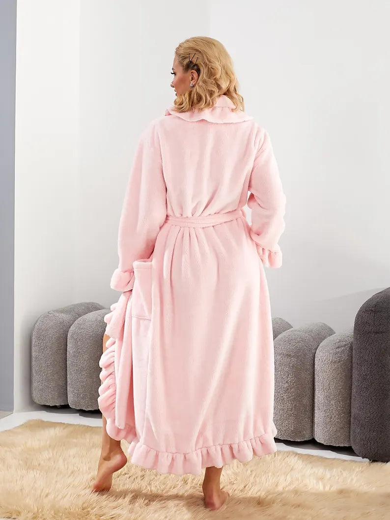 Women's Elegant Ruffle Wrap Bathrobe – Soft Velsoft Long Plush Lounge Robe with Belt