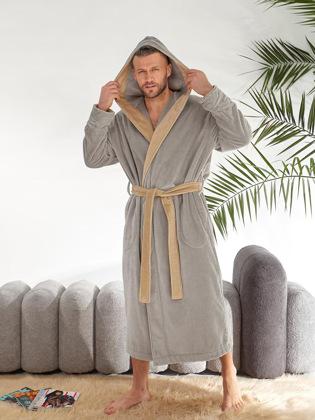 Men's Hooded Terry Cloth Bathrobe – 100% Cotton Long Plush Spa Robe with Pockets
