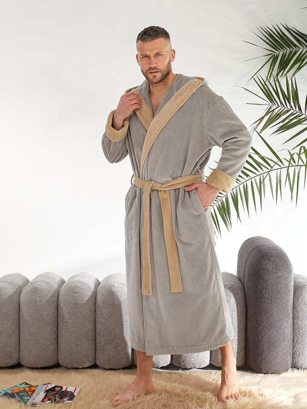 Men's Hooded Terry Cloth Bathrobe – 100% Cotton Long Plush Spa Robe with Pockets