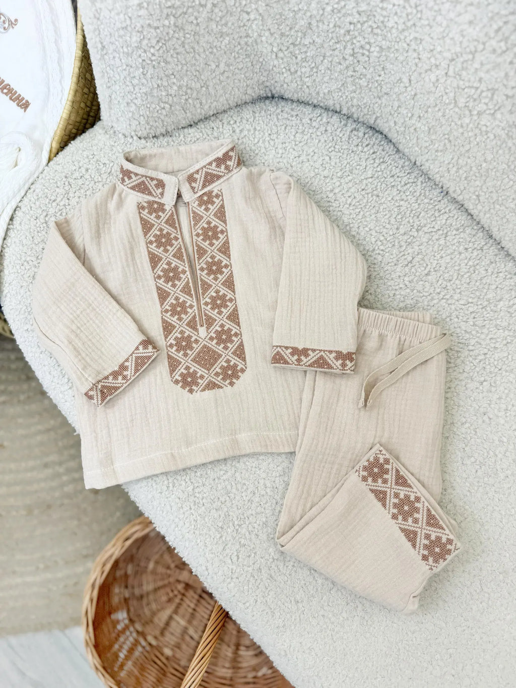 2-Piece Baby Boy Embroidered Muslin Shirt and Pants Set