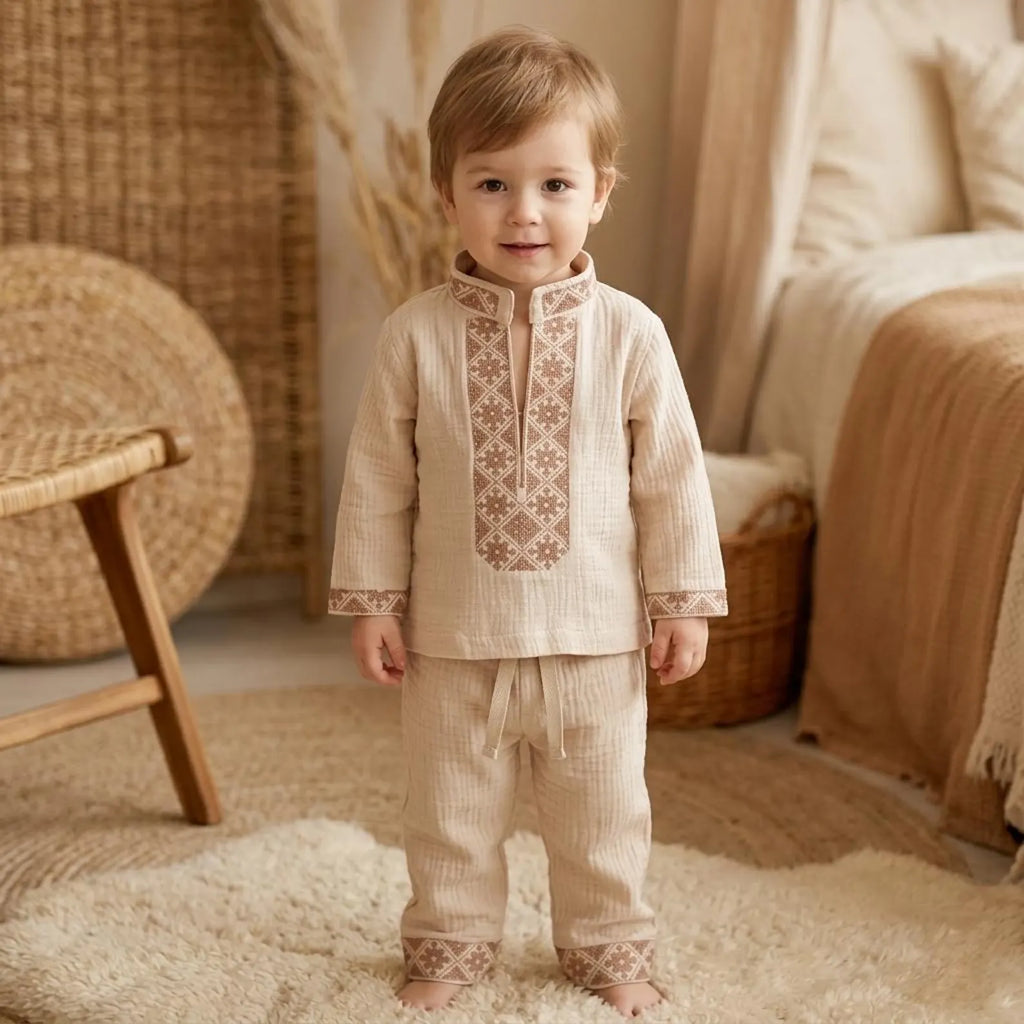 2-Piece Baby Boy Embroidered Muslin Shirt and Pants Set