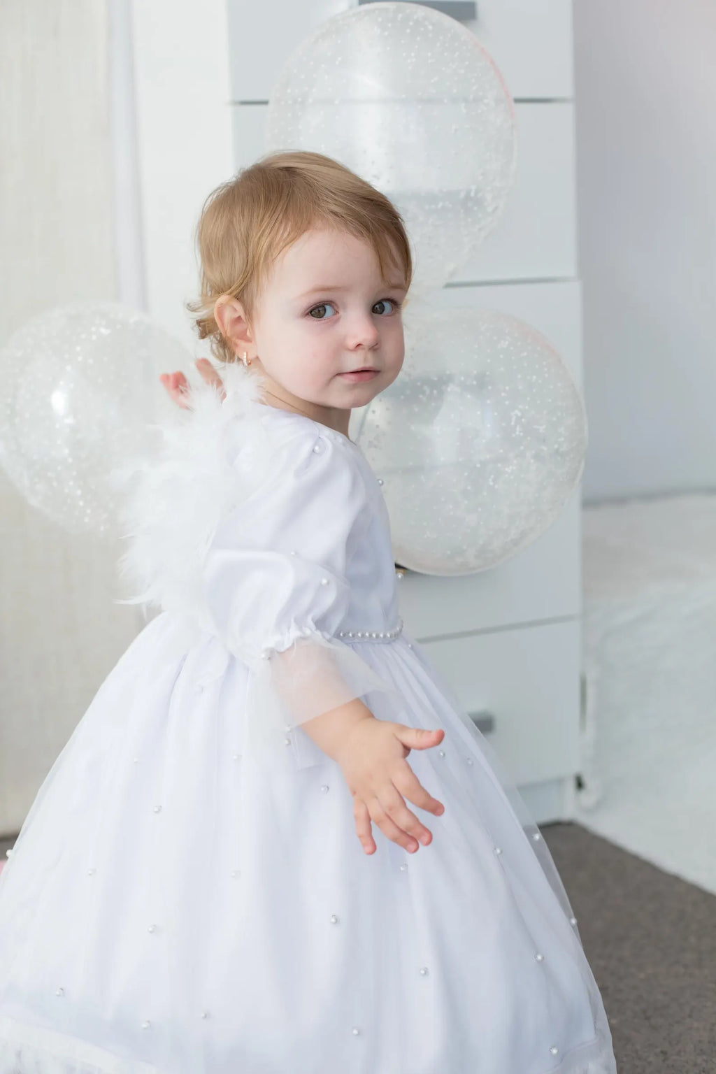 Baby Girl Christening Dress and Baptism Gown with Pearls and Feathers