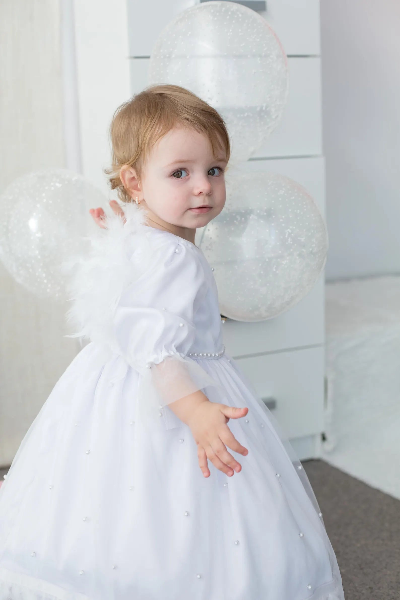 Baby Girl Christening Dress and Baptism Gown with Pearls and Feathers
