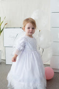 Baby Girl Christening Dress and Baptism Gown with Pearls and Feathers