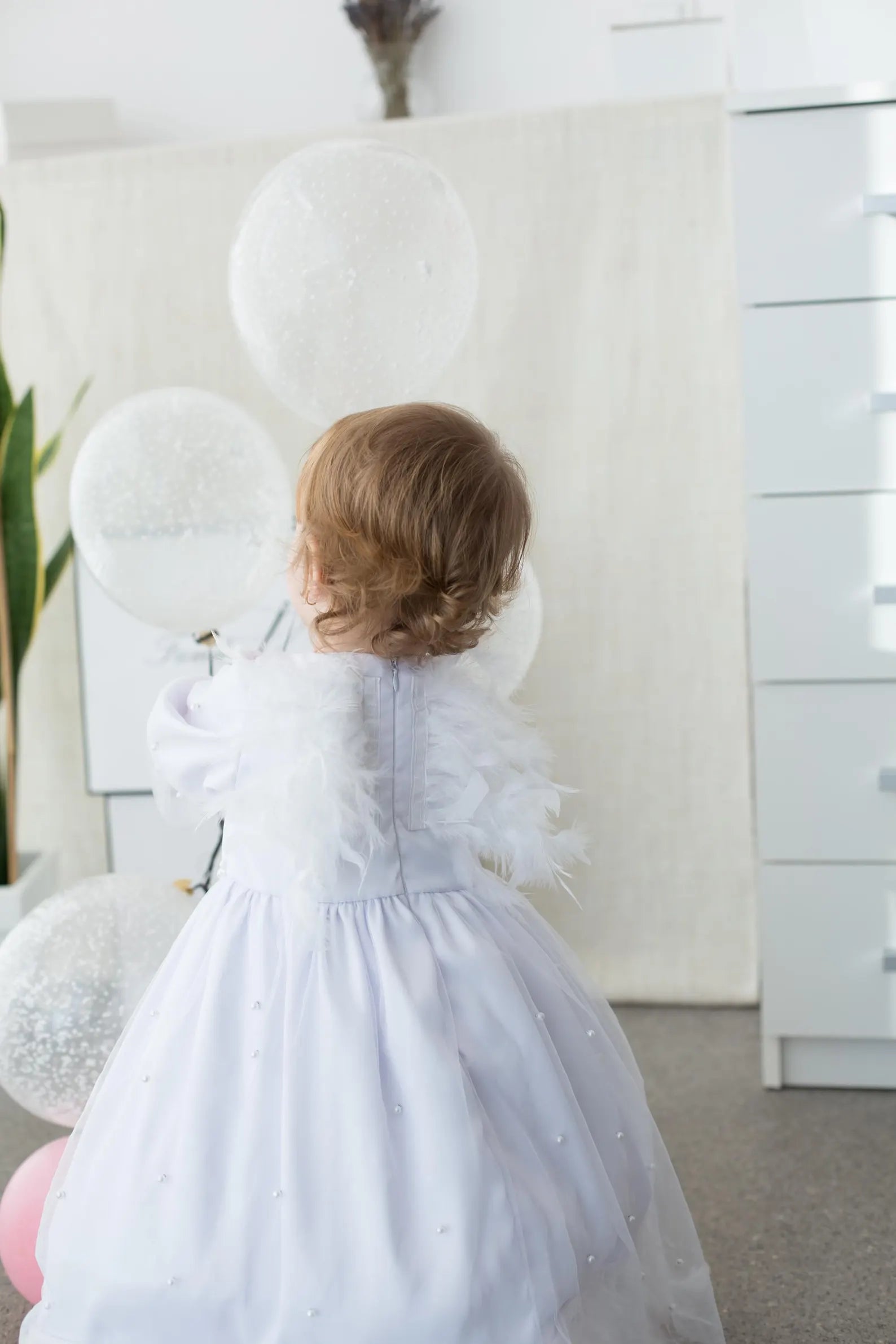 Baby Girl Christening Dress and Baptism Gown with Pearls and Feathers