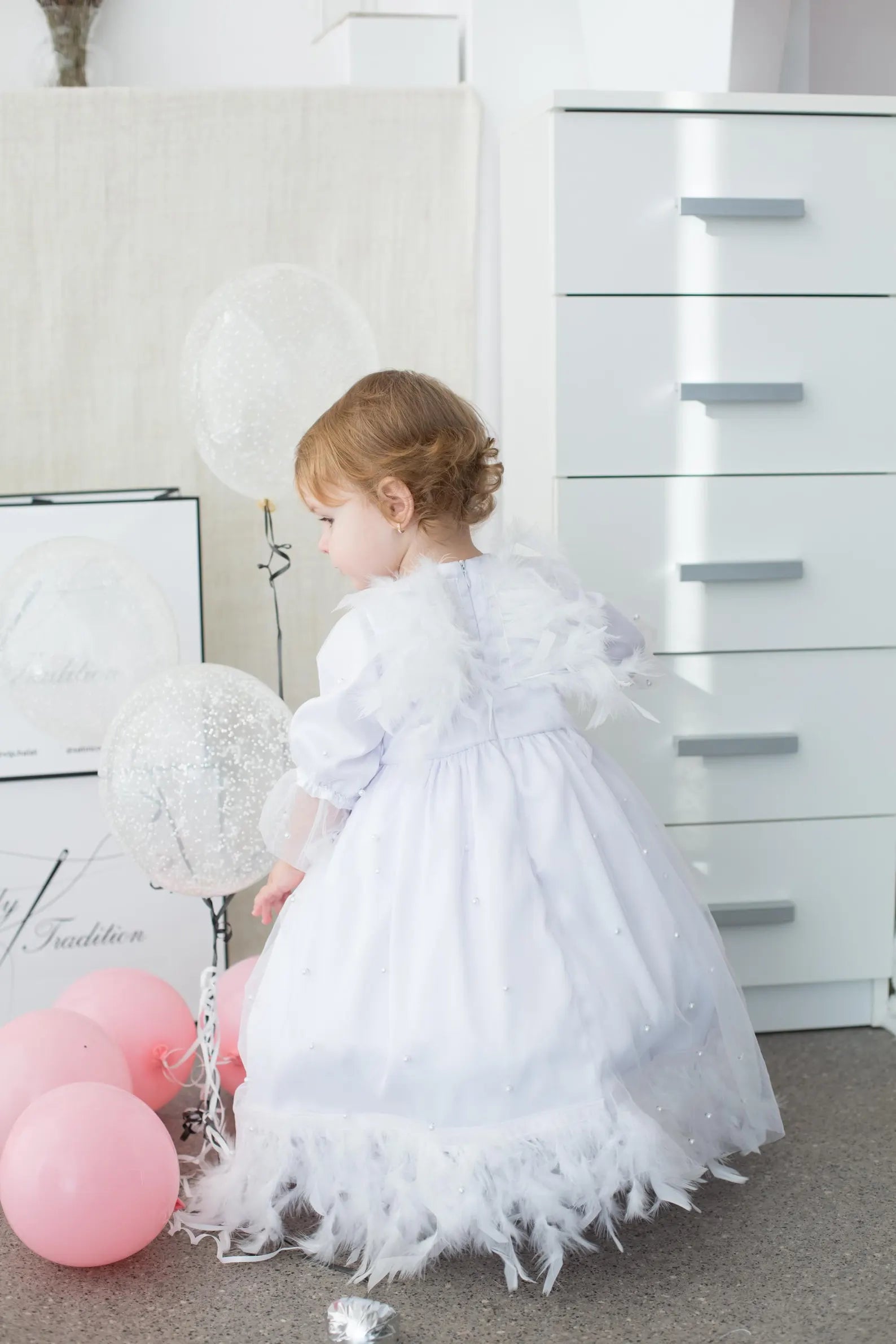 Baby Girl Christening Dress and Baptism Gown with Pearls and Feathers
