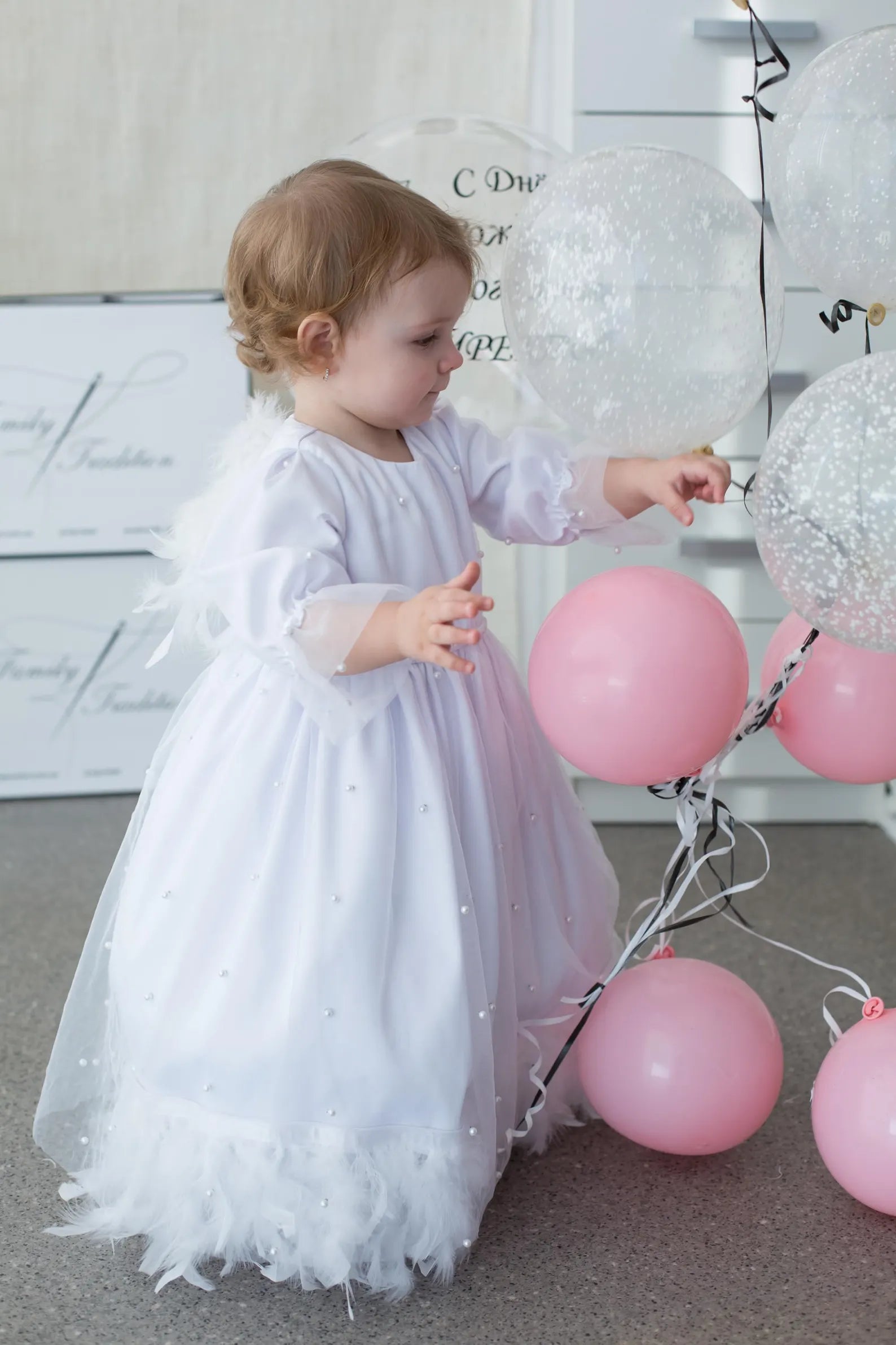 Baby Girl Christening Dress and Baptism Gown with Pearls and Feathers