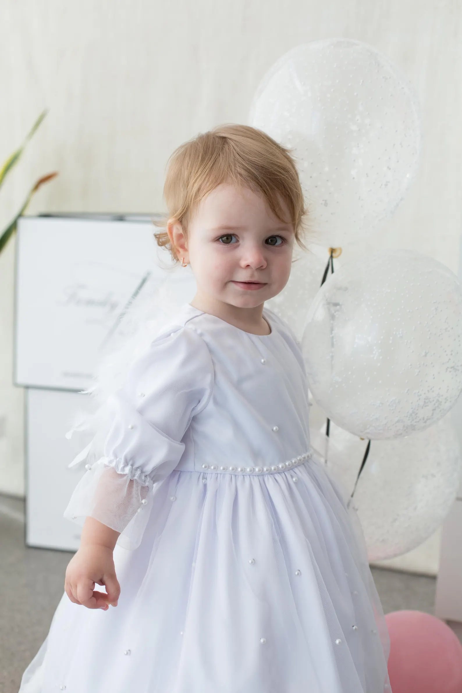 Baby Girl Christening Dress and Baptism Gown with Pearls and Feathers