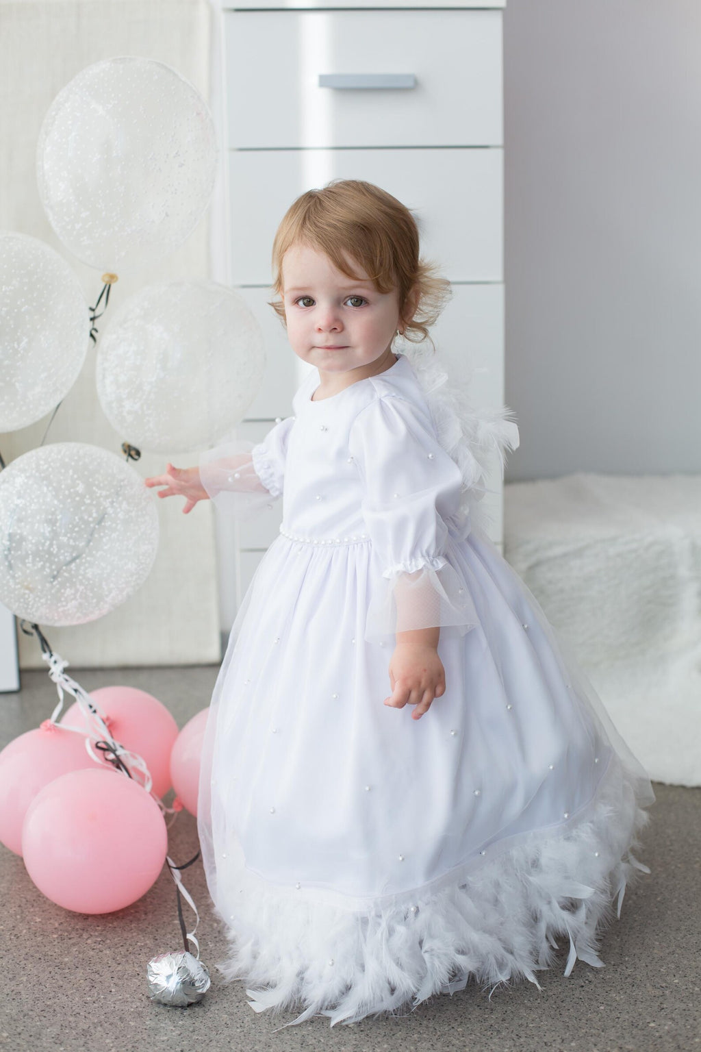 Baby Girl Christening Dress and Baptism Gown with Pearls and Feathers