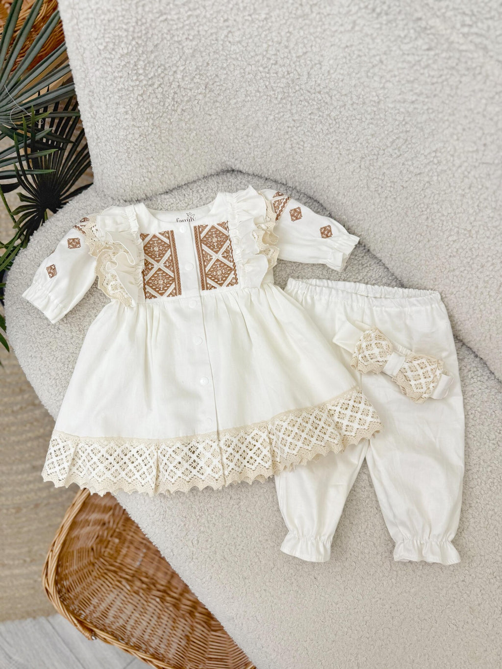 3-Piece Baby Girl Embroidered Dress and Pants Set