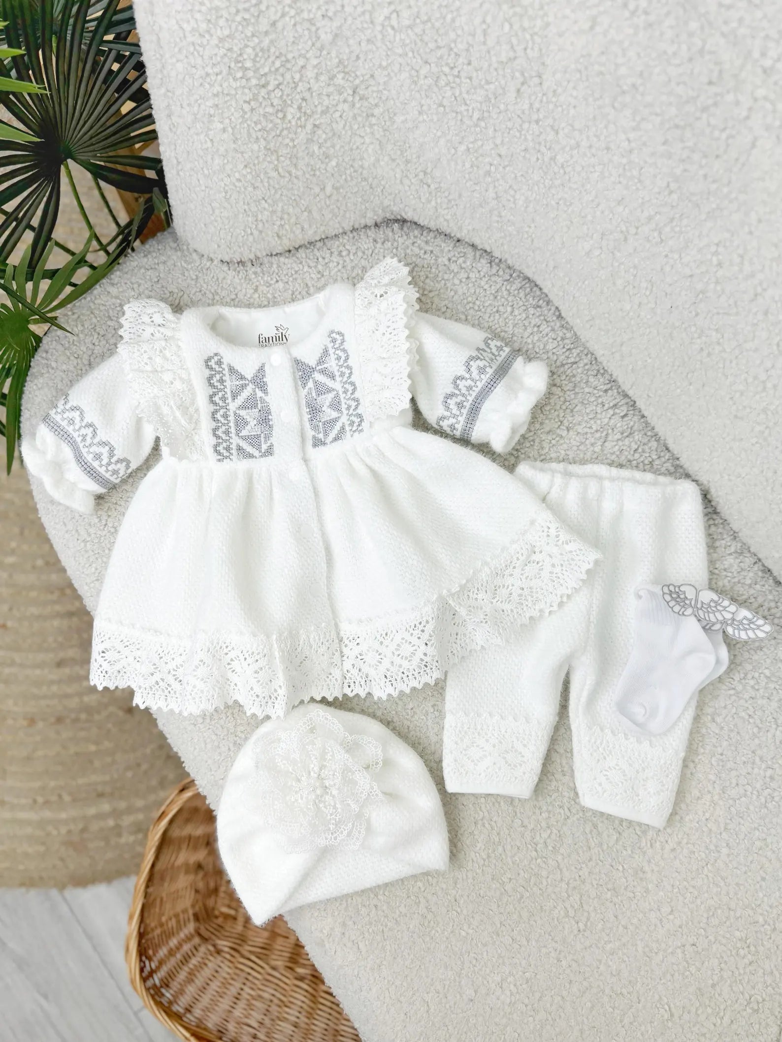Baby Girl Knit Alpaca Dress Pants Hat and Socks Outfit Set