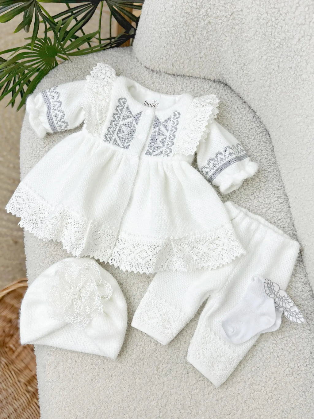 Baby Girl Knit Alpaca Dress Pants Hat and Socks Outfit Set