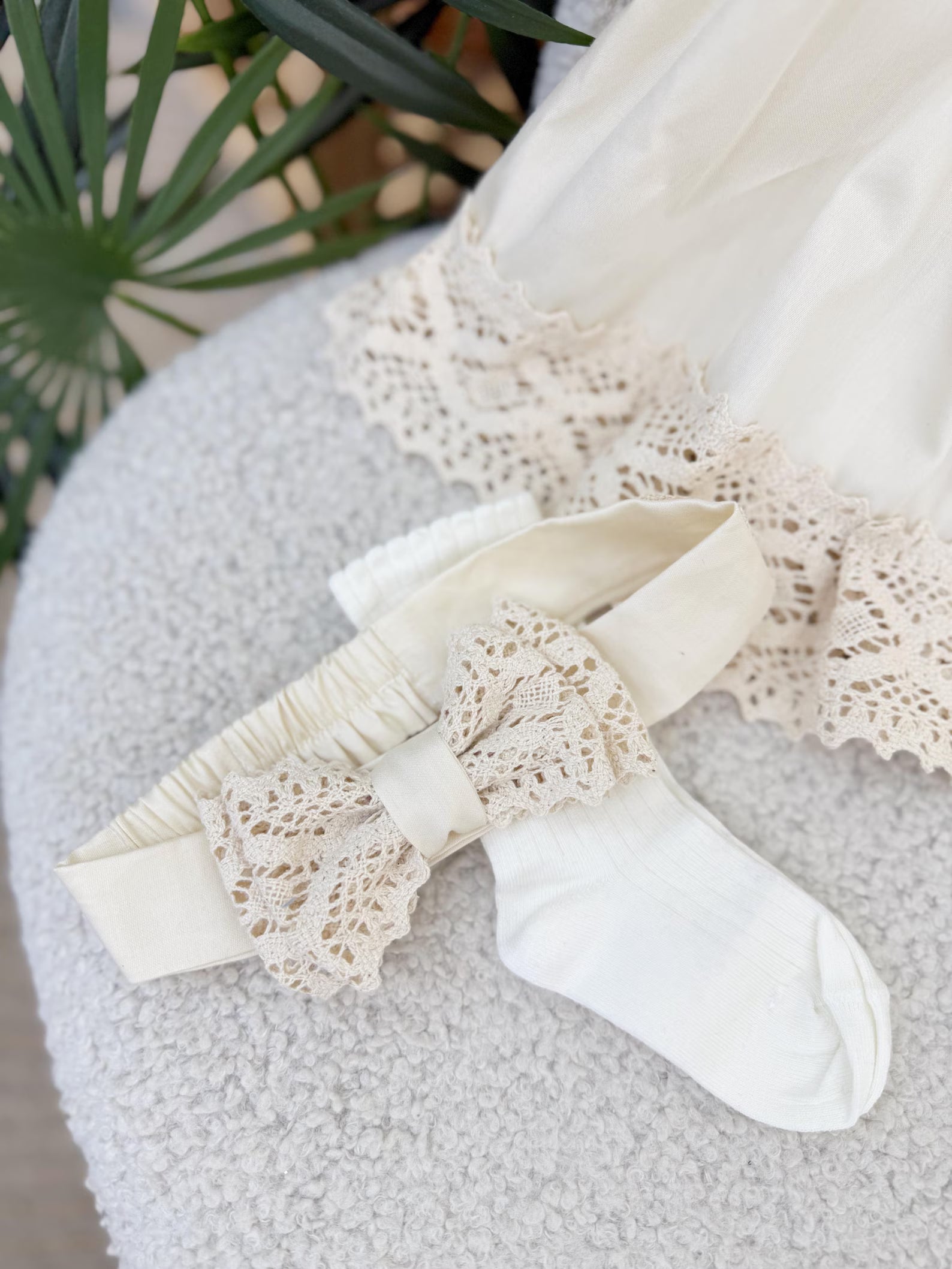 Beige Cotton Satin Baby Girl Christening Dress and Headband Set