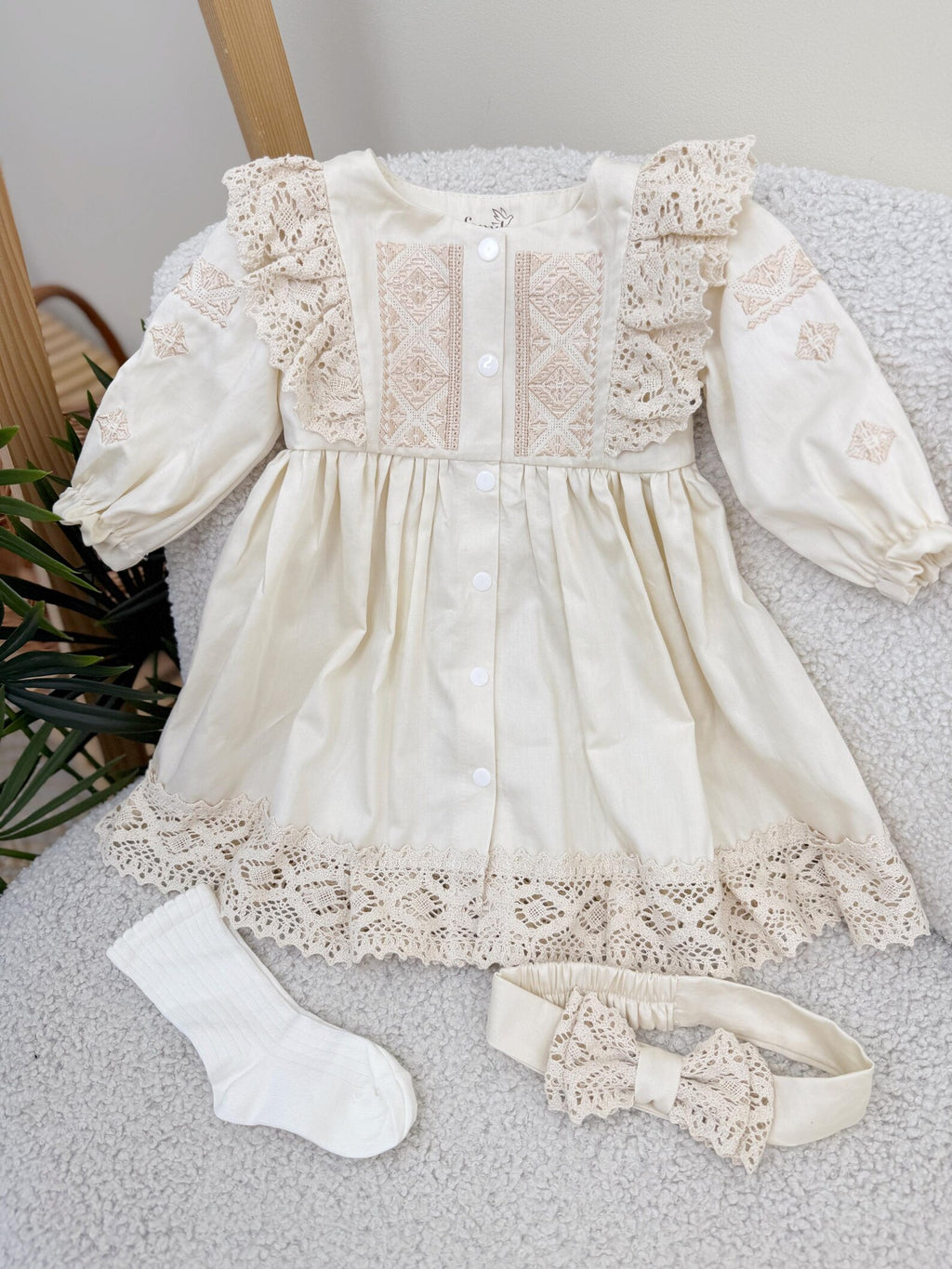 Beige Cotton Satin Baby Girl Christening Dress and Headband Set