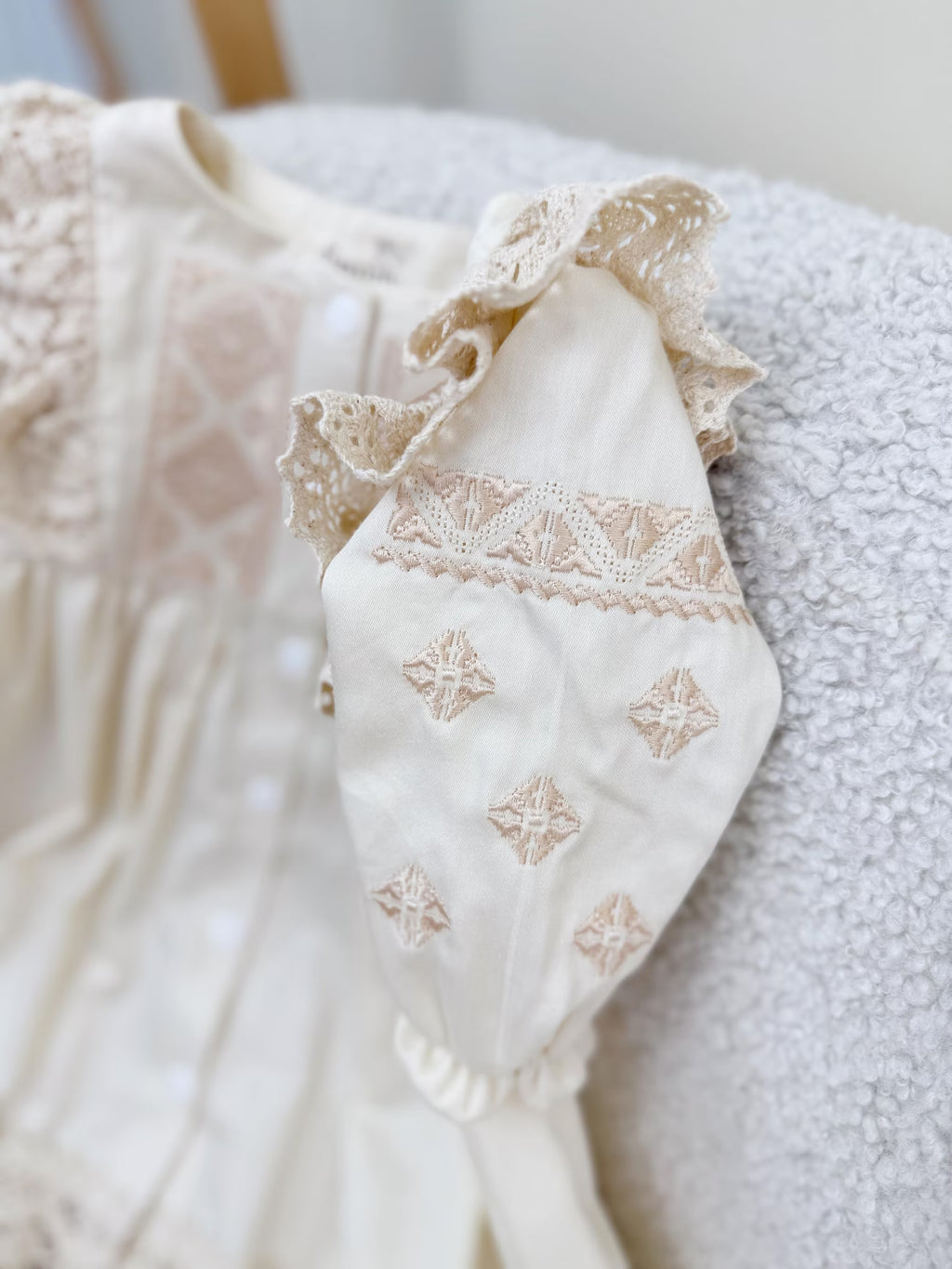 Beige Cotton Satin Baby Girl Christening Dress and Headband Set