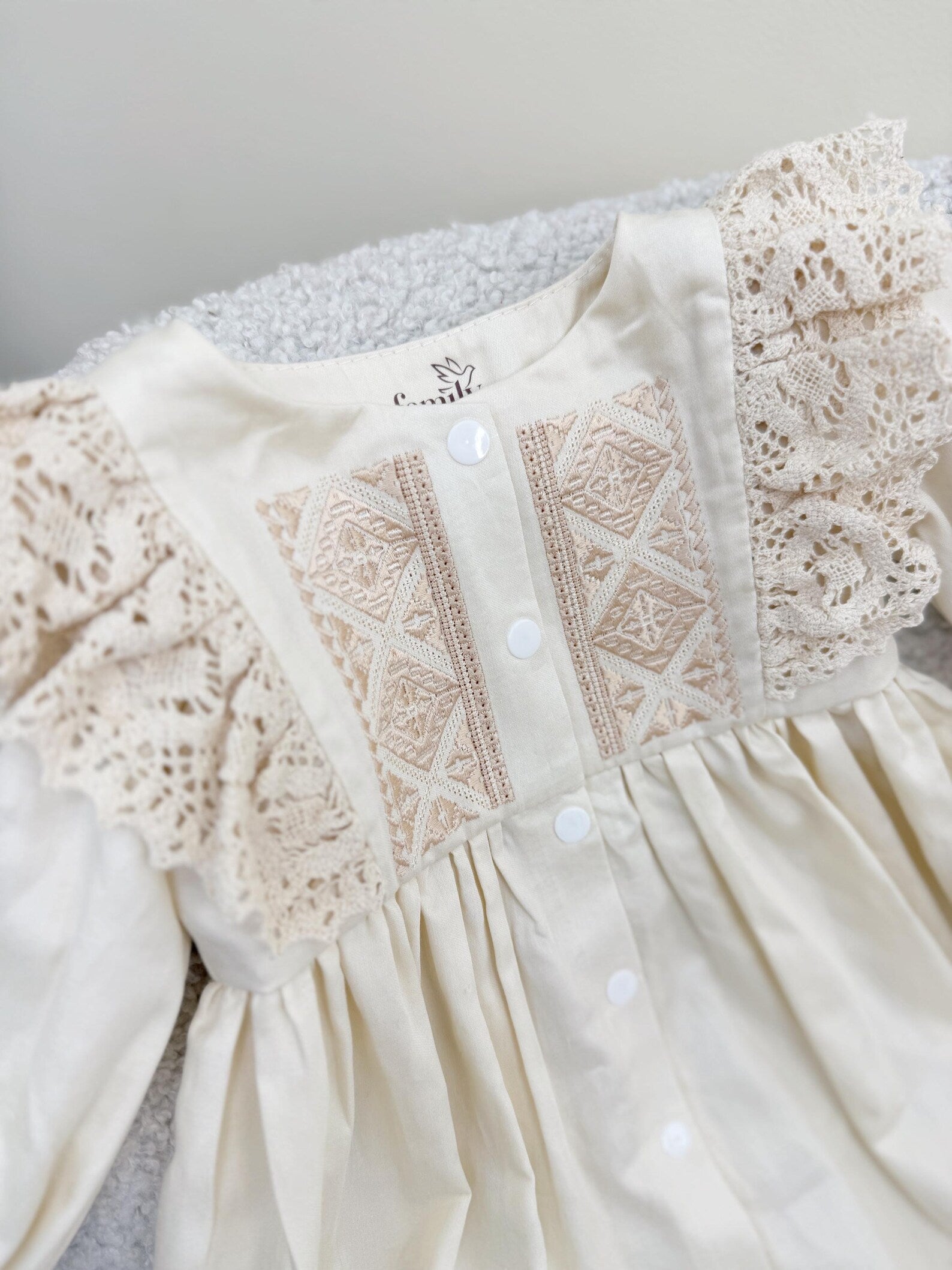 Beige Cotton Satin Baby Girl Christening Dress and Headband Set