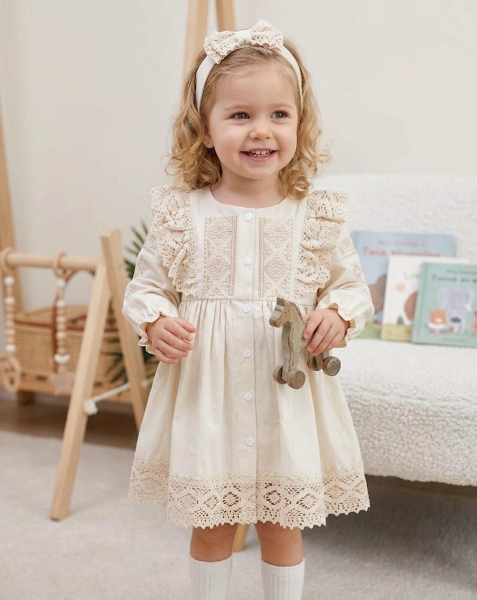 Beige Cotton Satin Baby Girl Christening Dress and Headband Set