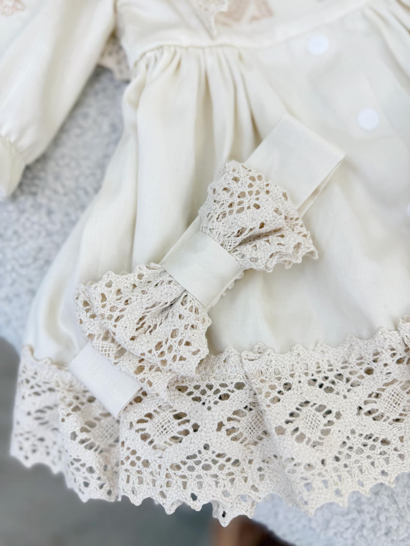Beige Cotton Satin Baby Girl Christening Dress and Headband Set
