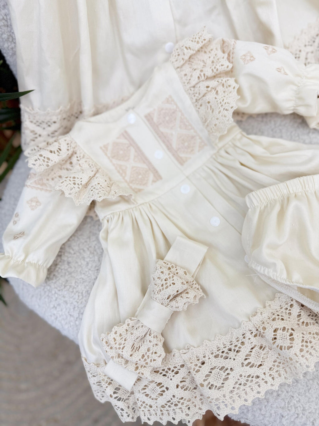 Beige Cotton Satin Baby Girl Christening Dress and Headband Set