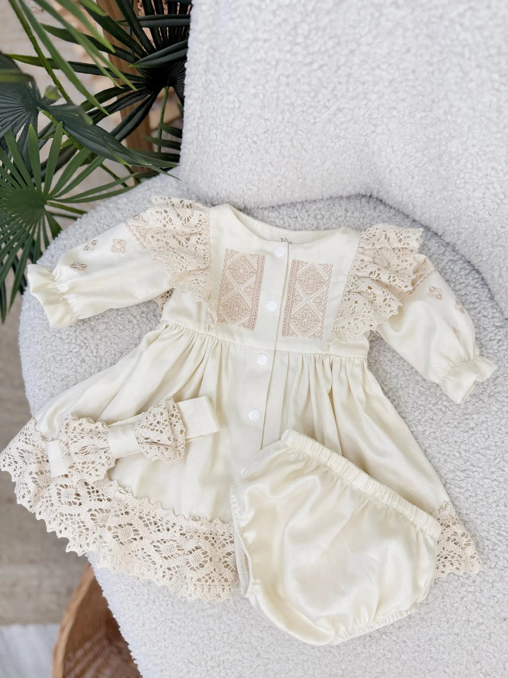 Beige Cotton Satin Baby Girl Christening Dress and Headband Set