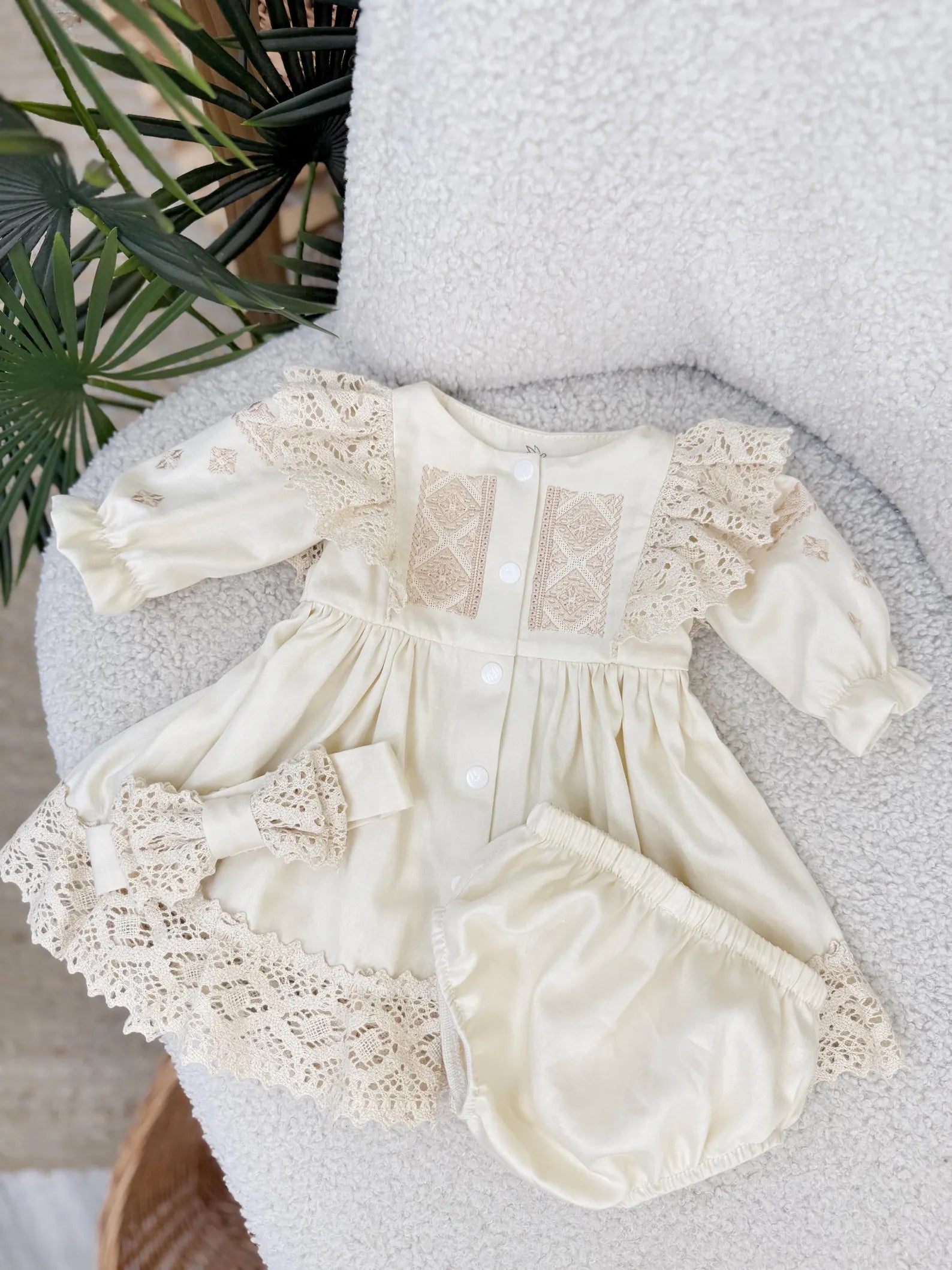 Beige Cotton Satin Baby Girl Christening Dress and Headband Set