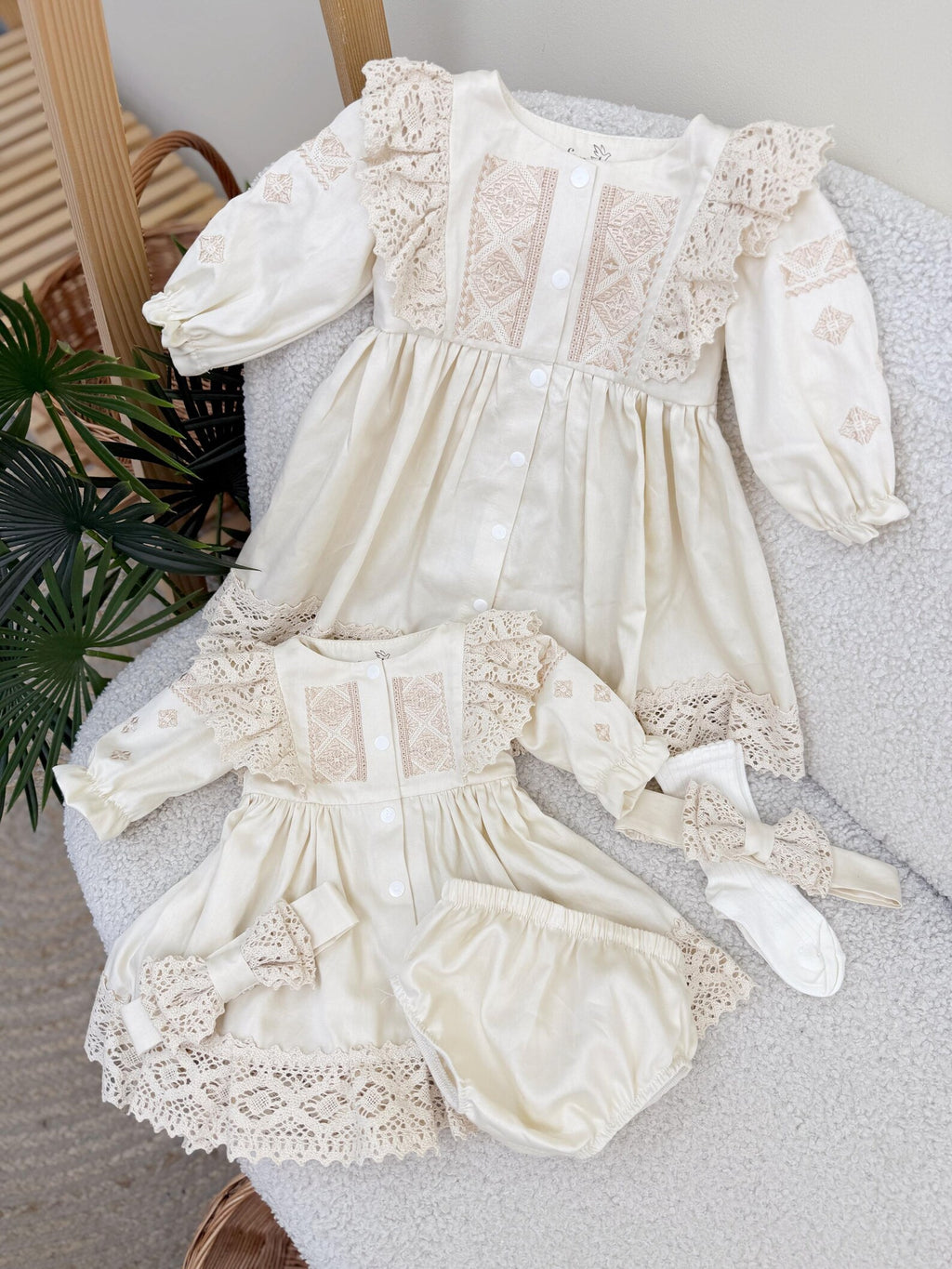 Beige Cotton Satin Baby Girl Christening Dress and Headband Set