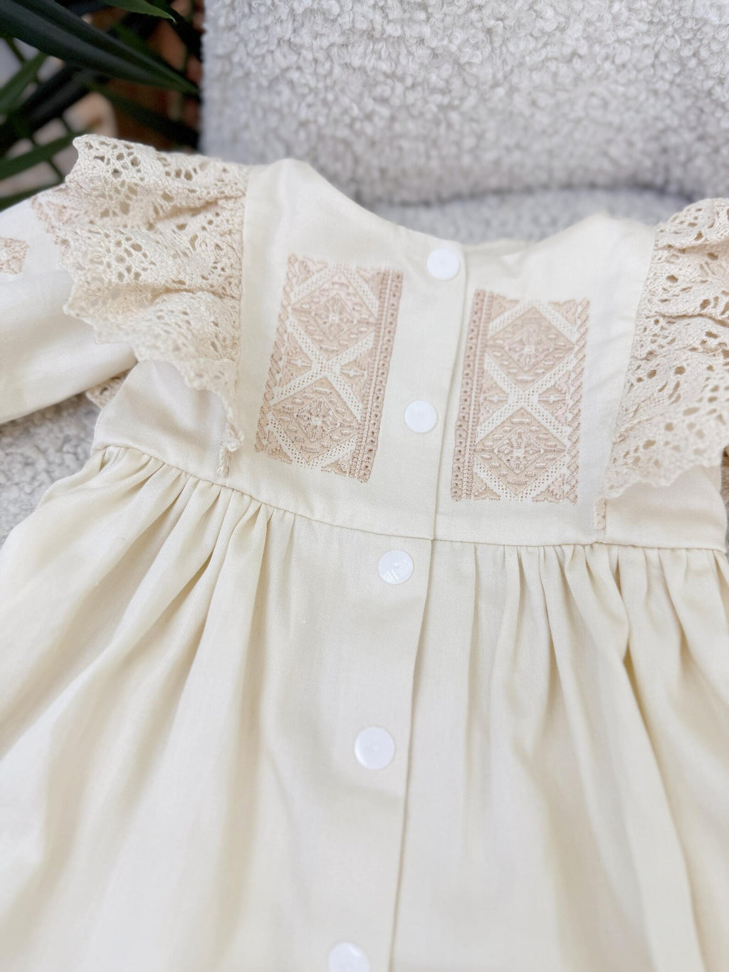 Beige Cotton Satin Baby Girl Christening Dress and Headband Set