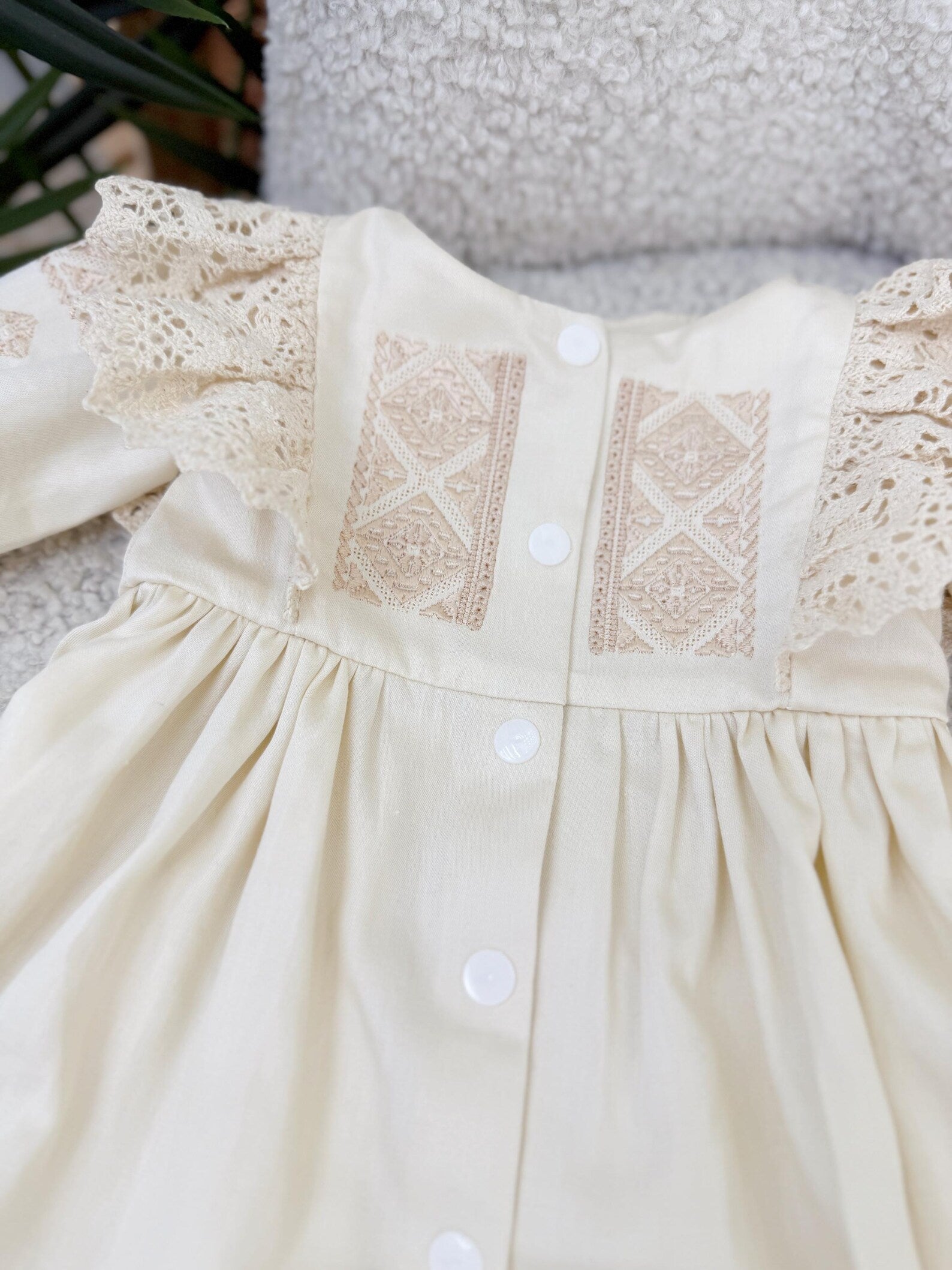 Beige Cotton Satin Baby Girl Christening Dress and Headband Set