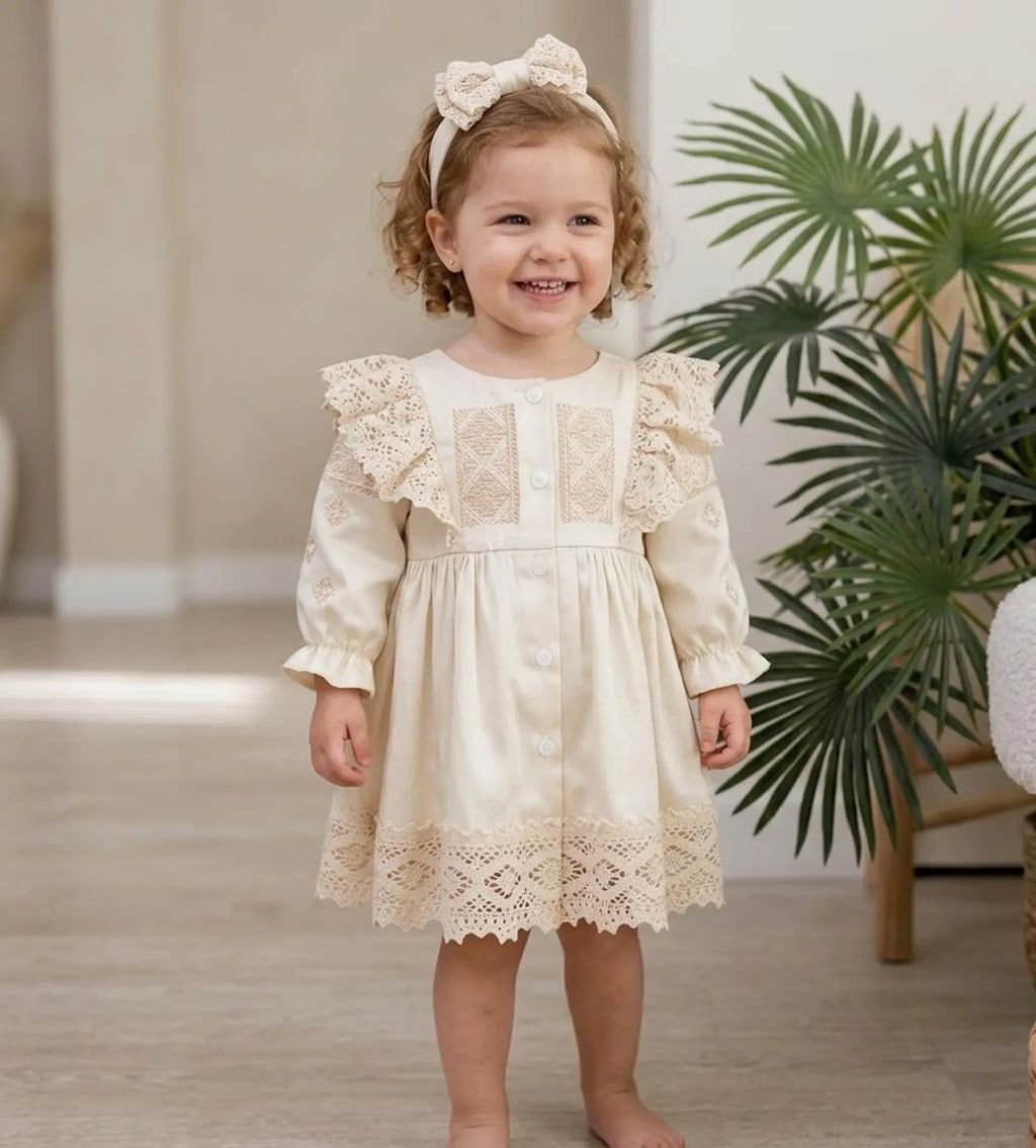 Beige Cotton Satin Baby Girl Christening Dress and Headband Set