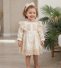 Beige Cotton Satin Baby Girl Christening Dress and Headband Set