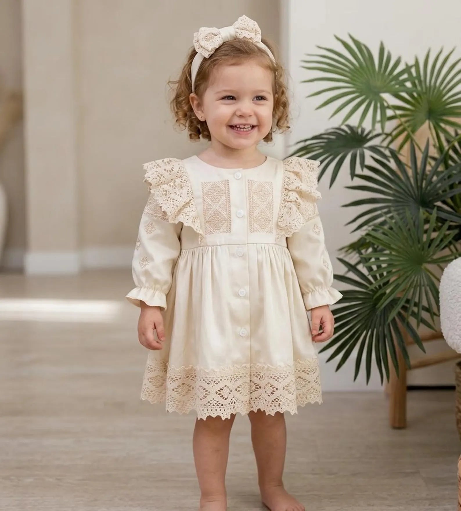 Beige Cotton Satin Baby Girl Christening Dress and Headband Set