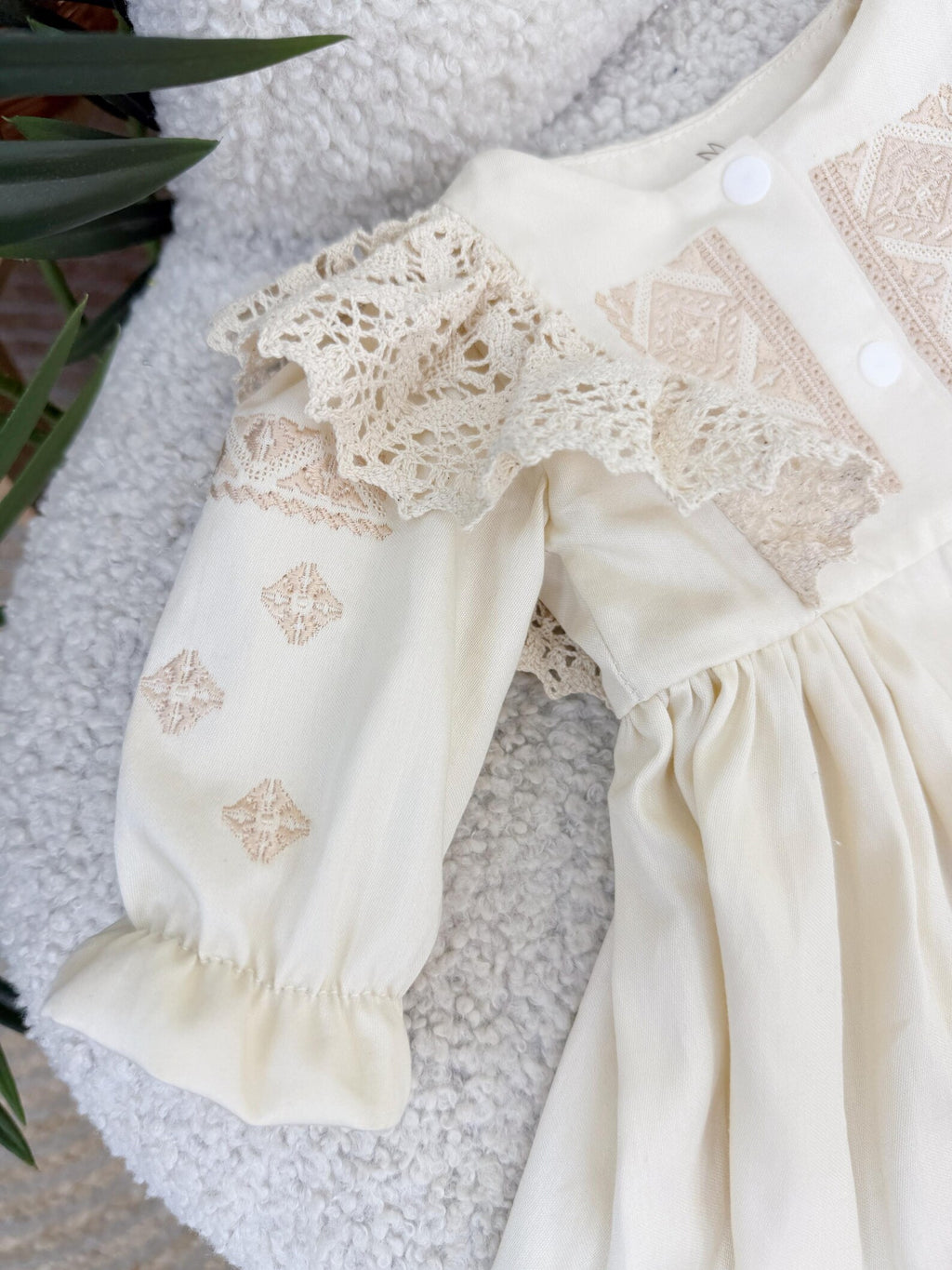 Beige Cotton Satin Baby Girl Christening Dress and Headband Set
