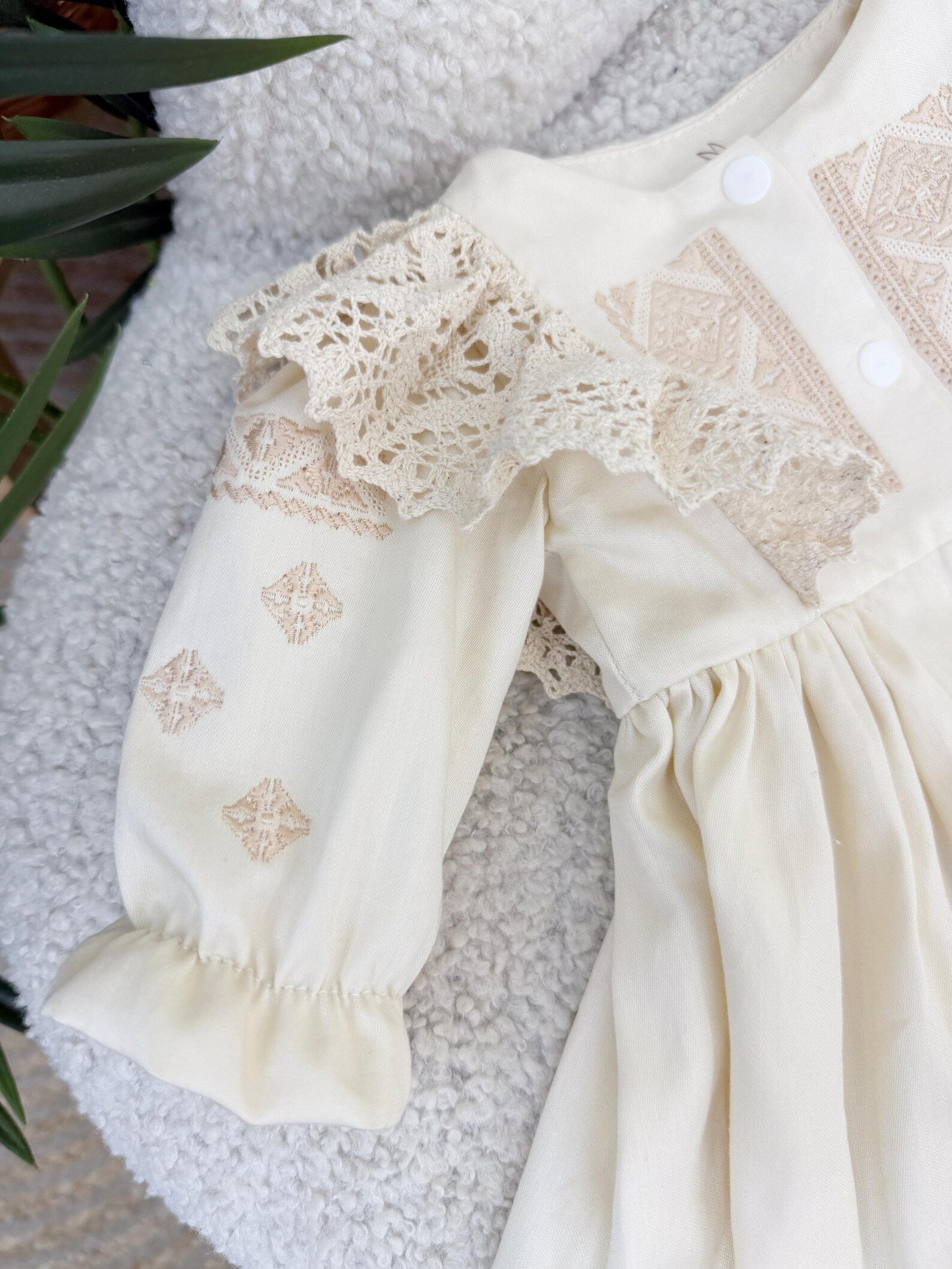 Beige Cotton Satin Baby Girl Christening Dress and Headband Set