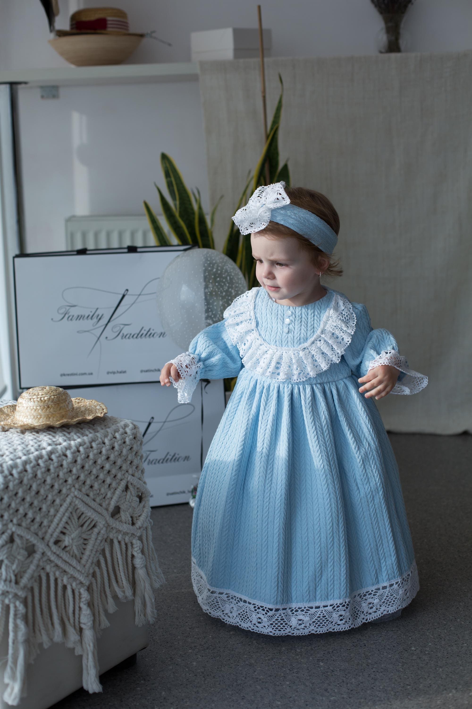 Handmade Blue Cotton Knitted Baby Christening Gown with Lace Collar