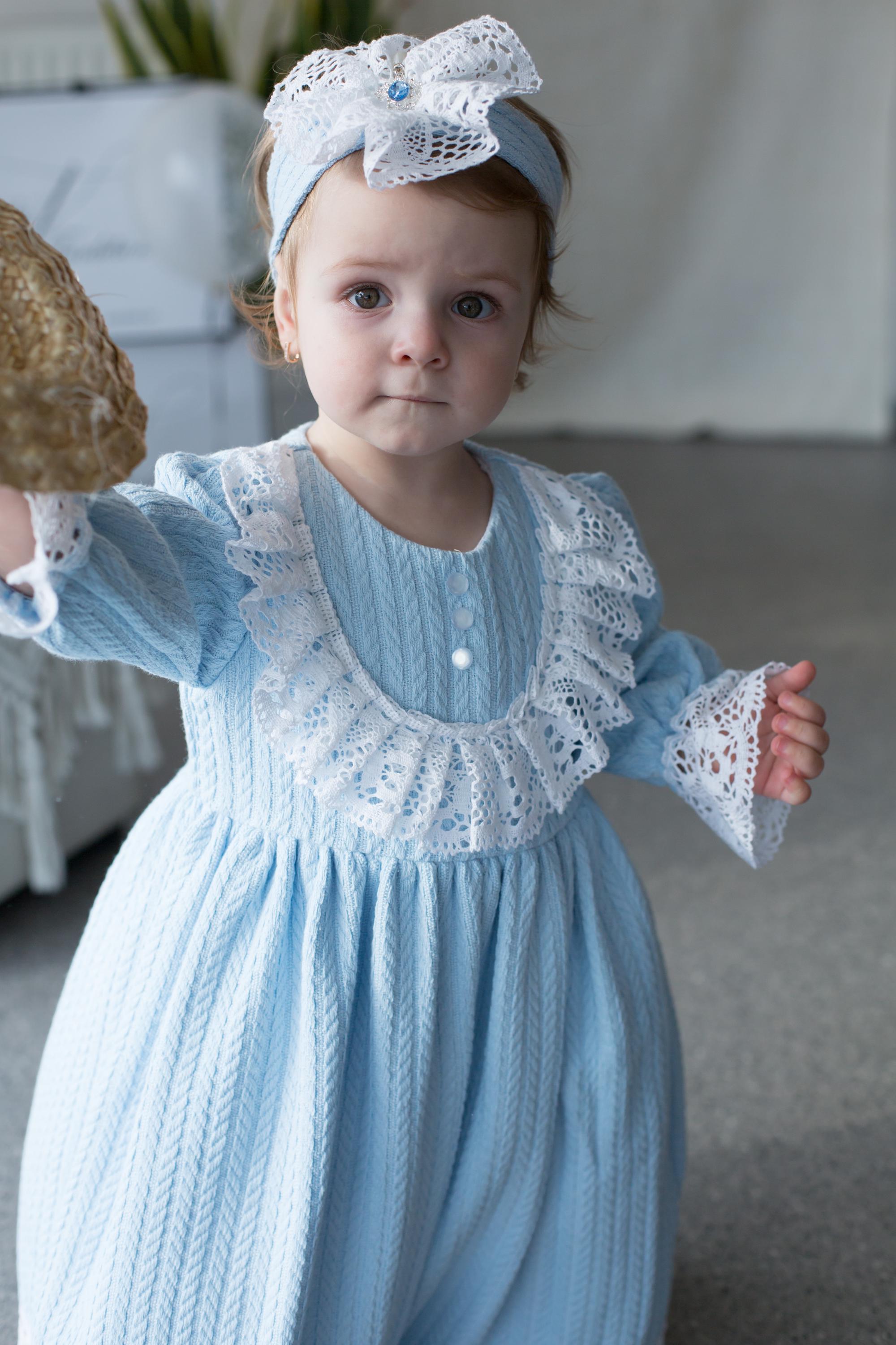Handmade Blue Cotton Knitted Baby Christening Gown with Lace Collar