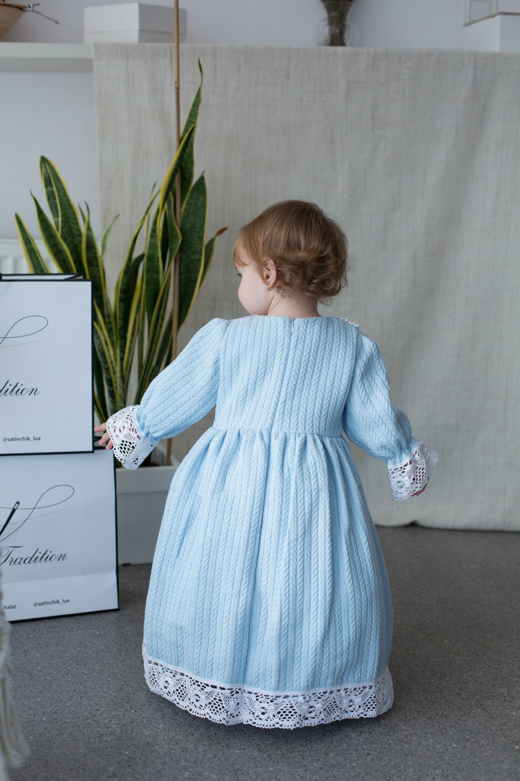 Handmade Blue Cotton Knitted Baby Christening Gown with Lace Collar