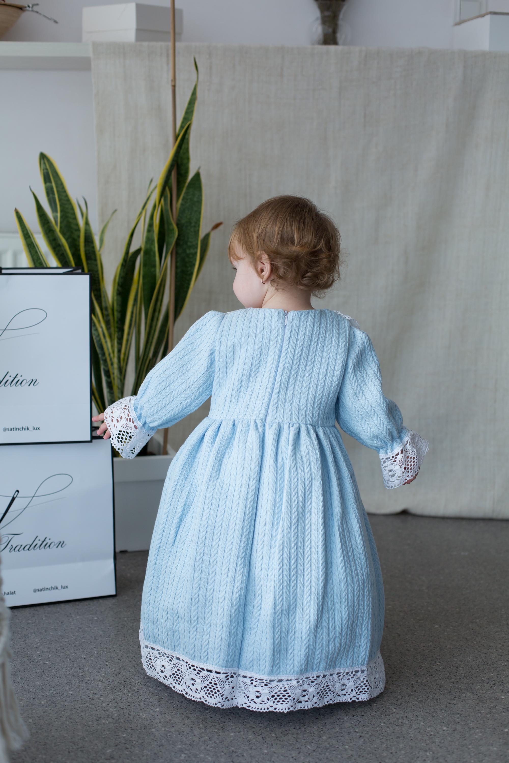 Handmade Blue Cotton Knitted Baby Christening Gown with Lace Collar