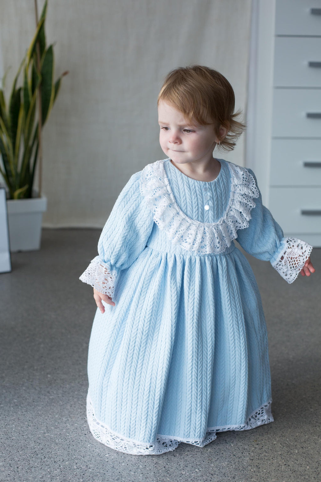 Handmade Blue Cotton Knitted Baby Christening Gown with Lace Collar