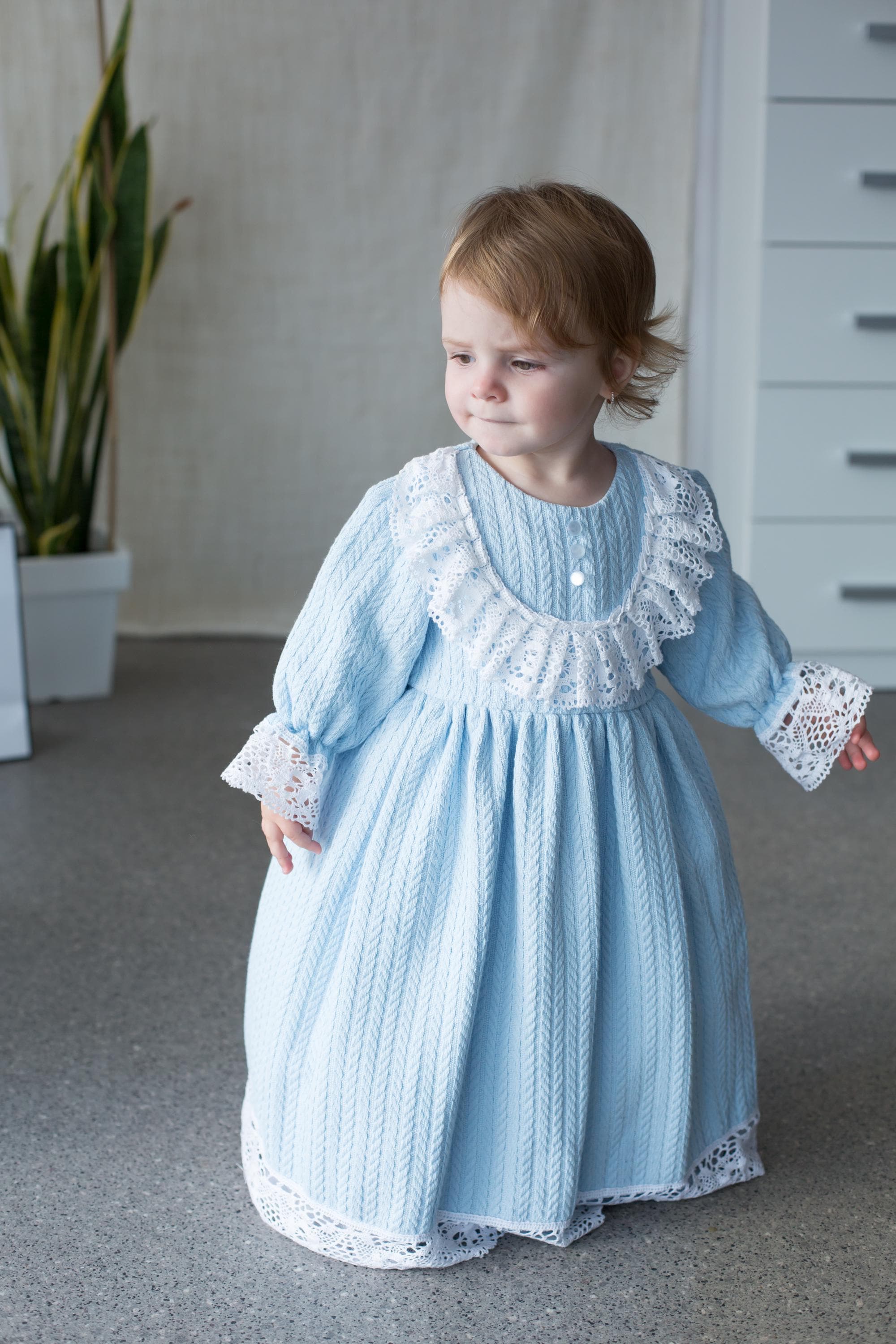 Handmade Blue Cotton Knitted Baby Christening Gown with Lace Collar