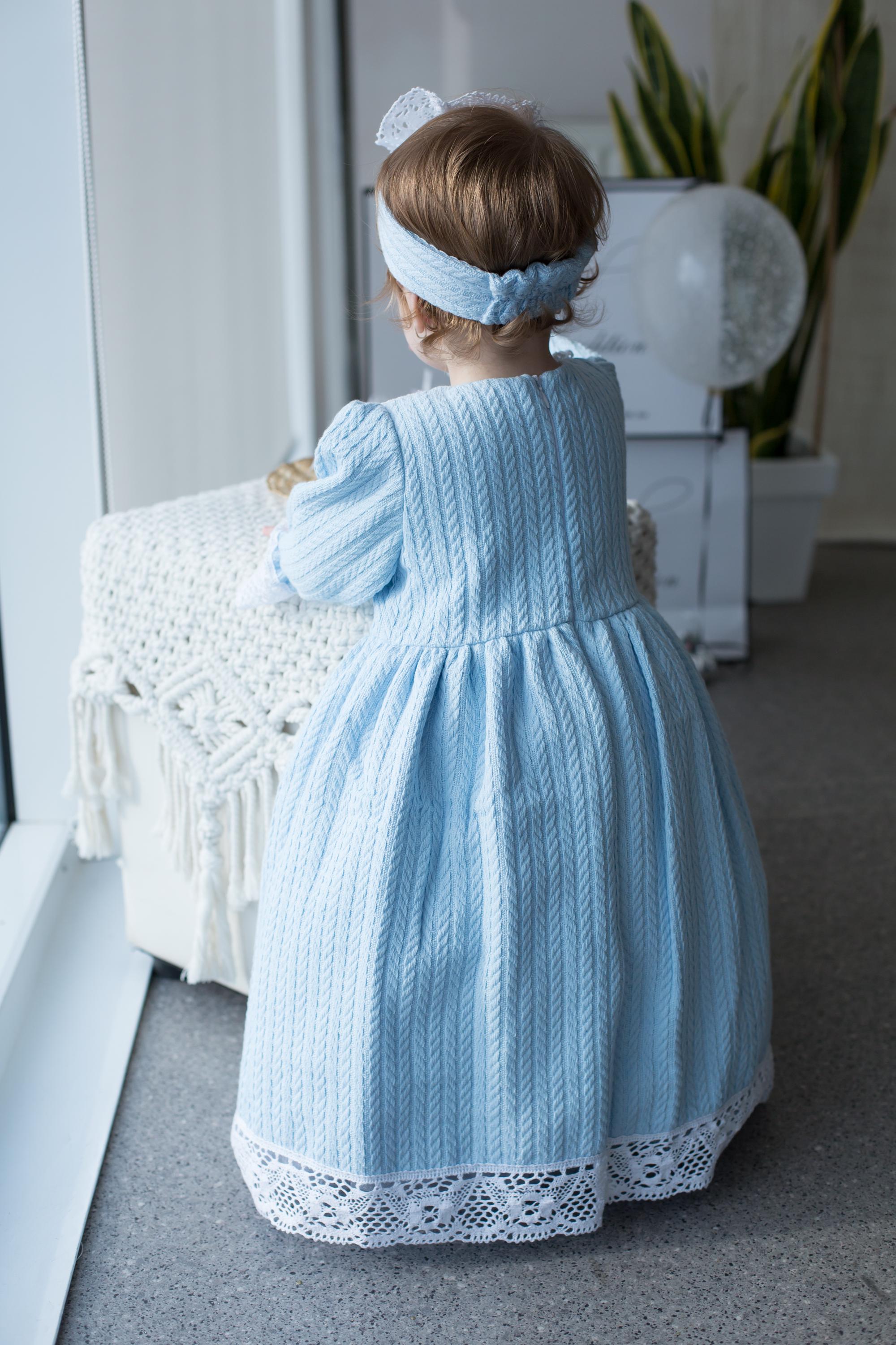 Handmade Blue Cotton Knitted Baby Christening Gown with Lace Collar