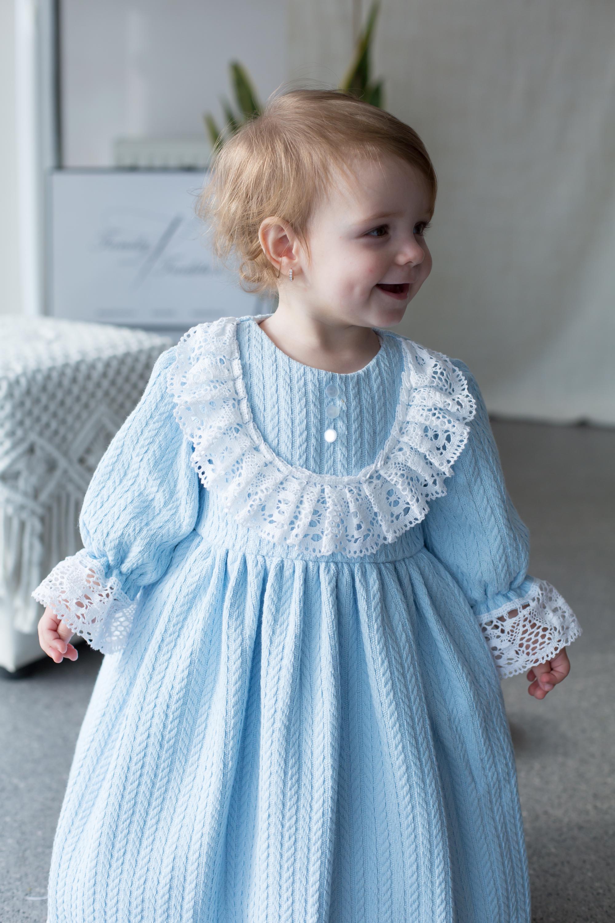 Handmade Blue Cotton Knitted Baby Christening Gown with Lace Collar