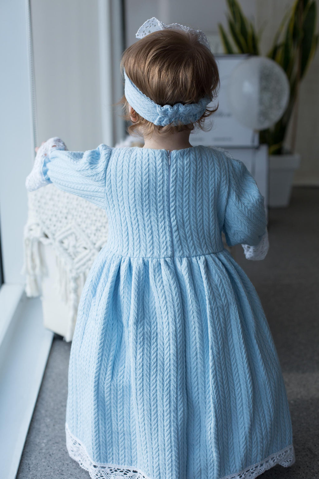 Handmade Blue Cotton Knitted Baby Christening Gown with Lace Collar