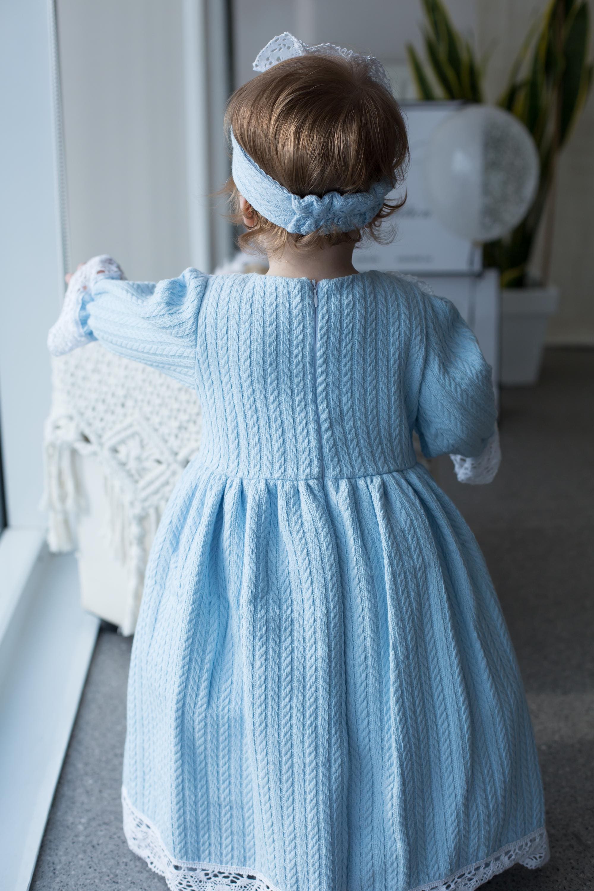 Handmade Blue Cotton Knitted Baby Christening Gown with Lace Collar