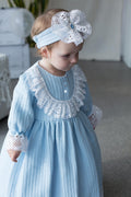 Handmade Blue Cotton Knitted Baby Christening Gown with Lace Collar