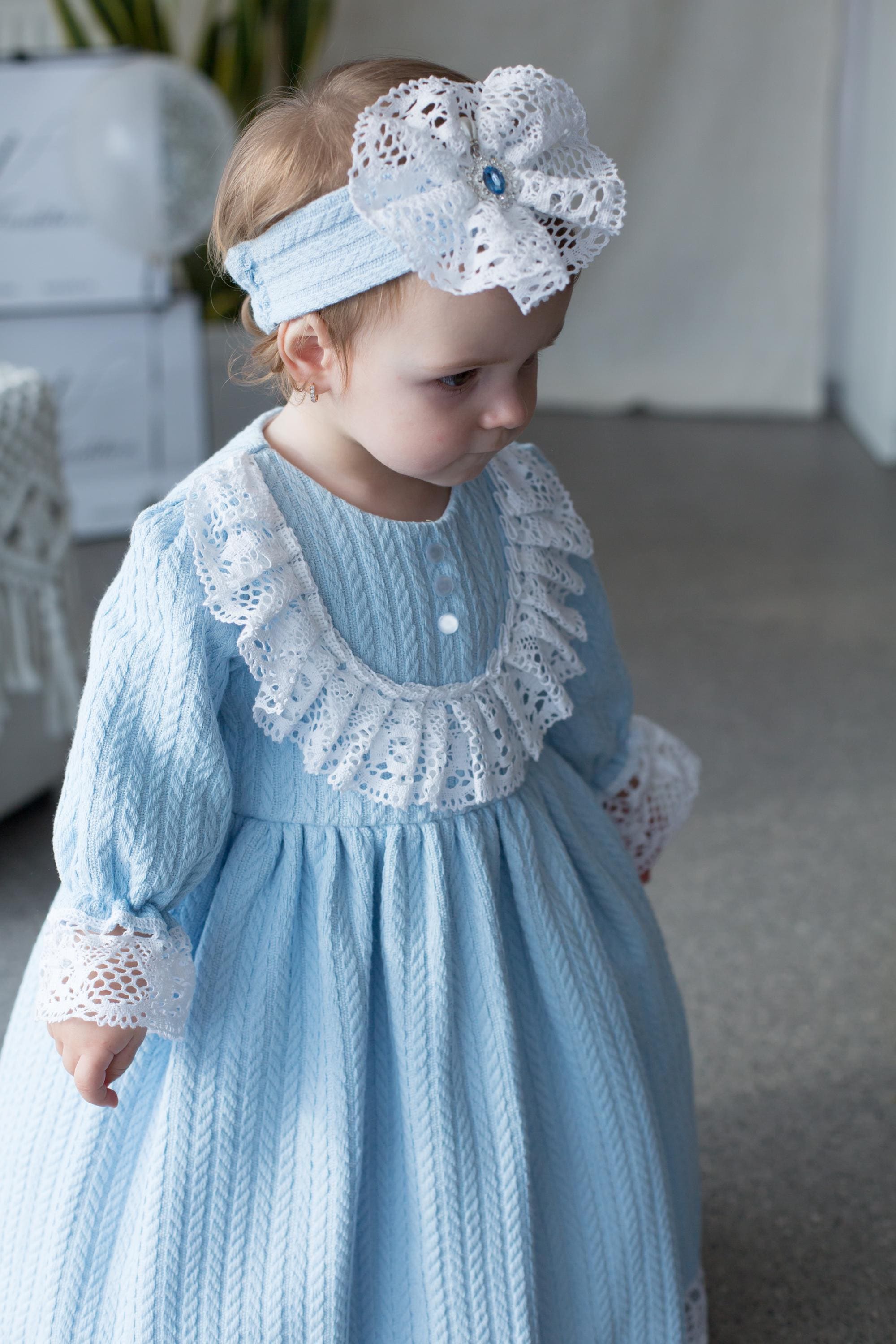 Handmade Blue Cotton Knitted Baby Christening Gown with Lace Collar