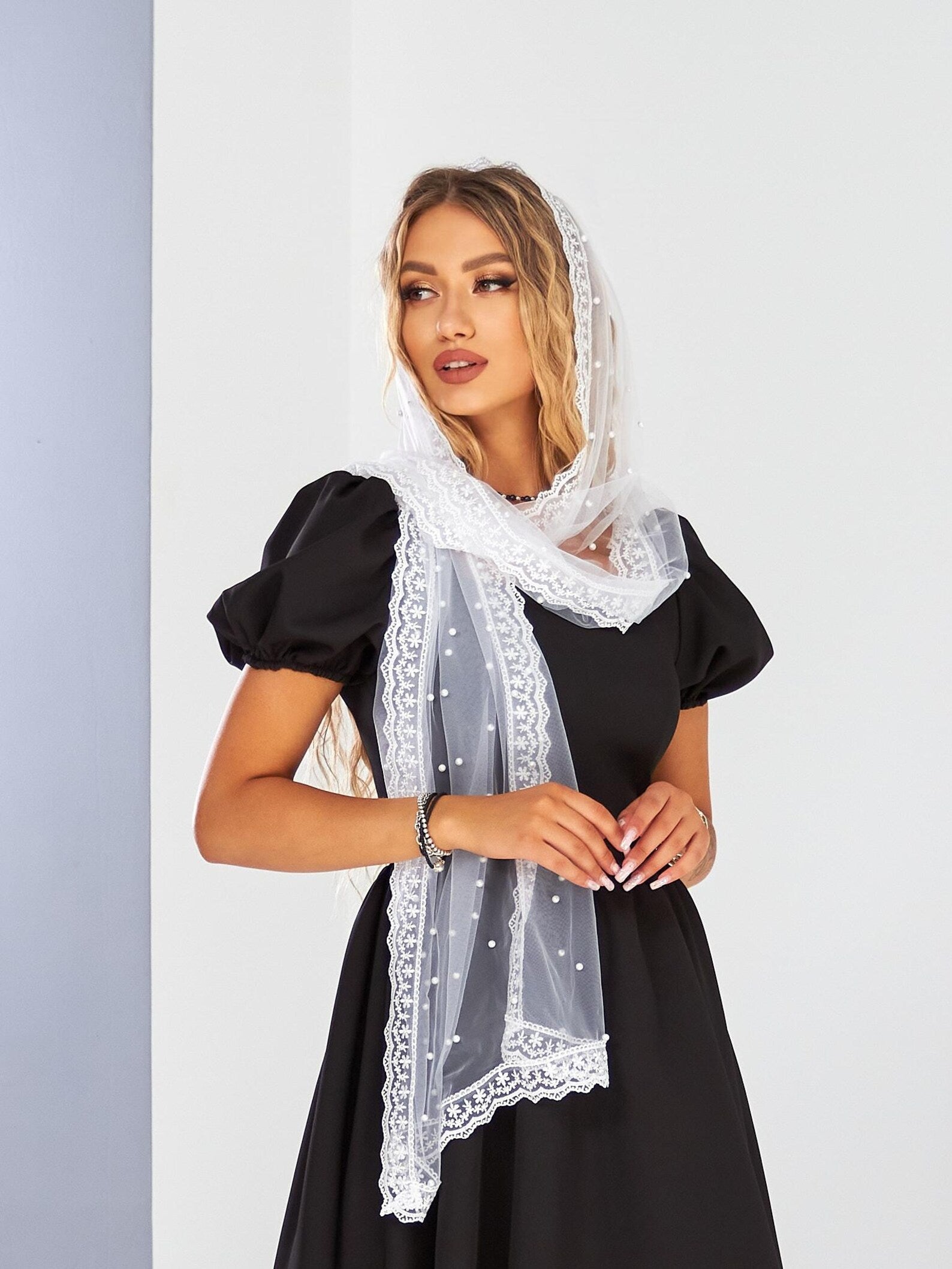 Chapel Mantilla Veil with Pearls and Lace Edging