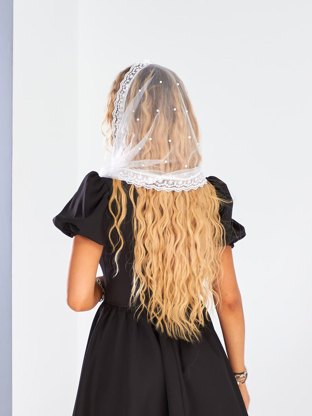 Chapel Mantilla Veil with Pearls and Lace Edging