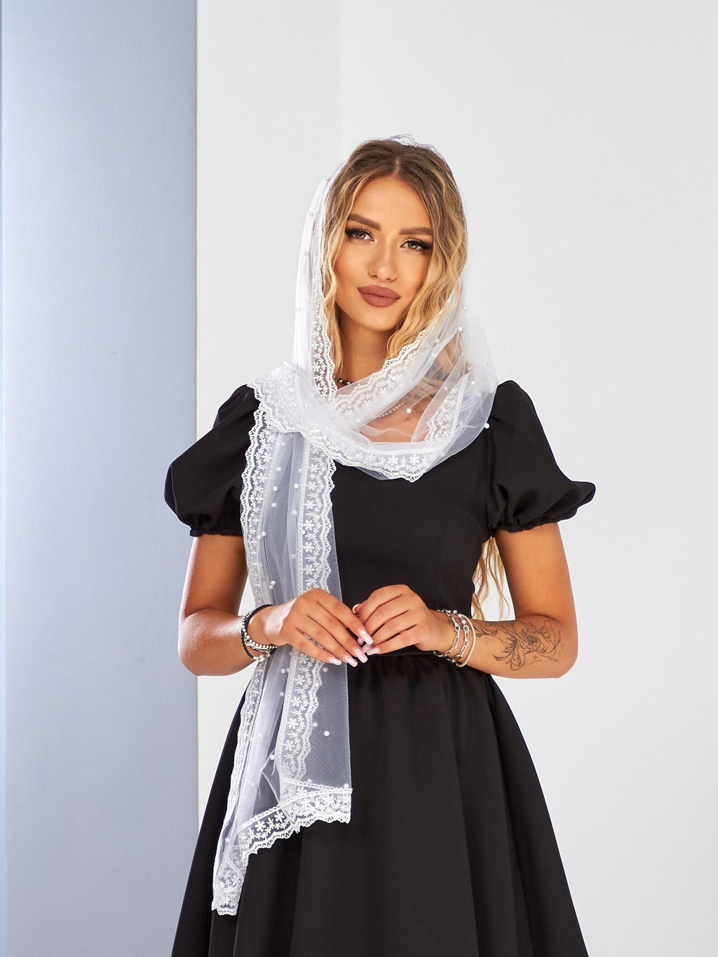 Chapel Mantilla Veil with Pearls and Lace Edging