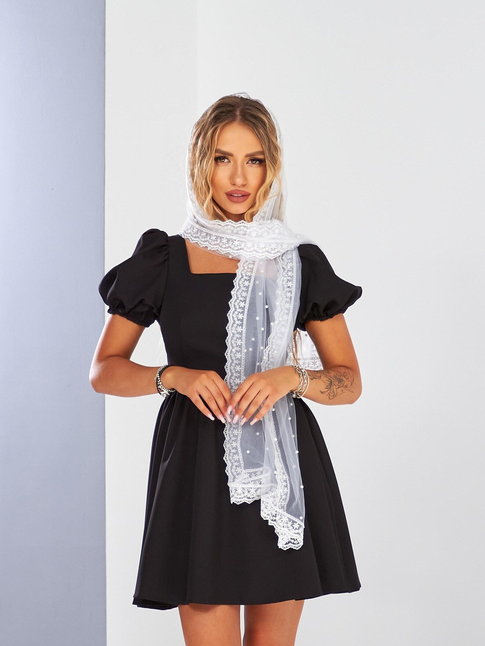 Chapel Mantilla Veil with Pearls and Lace Edging